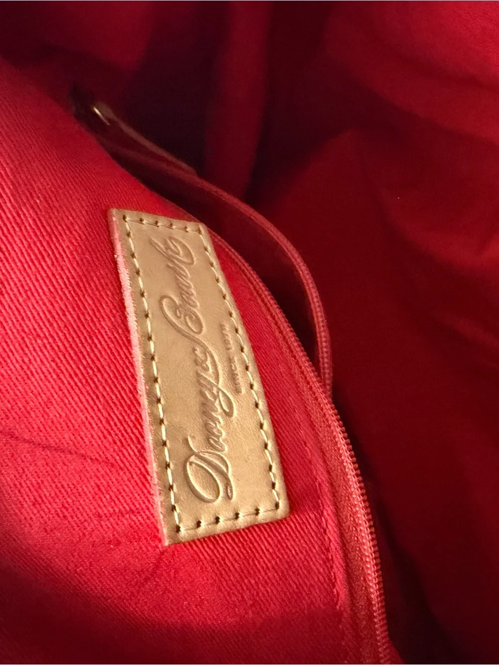 Dooney & Bourke Black Patent Shoulder Bag with Tan Trim and Red Lining